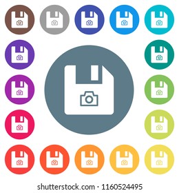 File snapshot flat white icons on round color backgrounds. 17 background color variations are included.