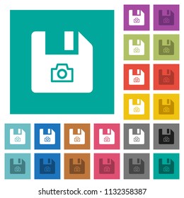 File snapshot multi colored flat icons on plain square backgrounds. Included white and darker icon variations for hover or active effects.