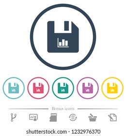 File statistics flat color icons in round outlines. 6 bonus icons included.
