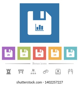 File statistics flat white icons in square backgrounds. 6 bonus icons included.