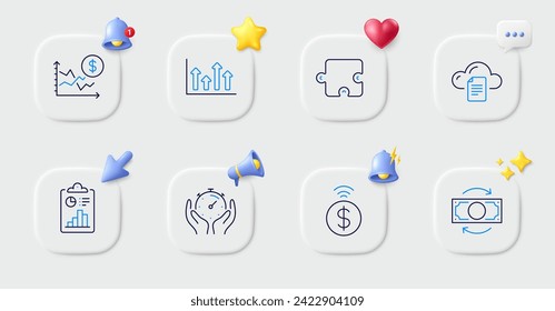 Almacenamiento de archivos, Cambiar dinero e iconos de línea de flechas arriba. Botones con timbre 3d, discurso de chat, cursor. Paquete de rompecabezas, pago sin contacto, icono Informe. Timer, pictograma de la tasa en dólares. Vector