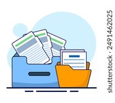 File storage concept, adding files to the main folder. Search and store data info in the database. document or file archive, information storage. File icon concept. document management. flat vector.