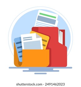 File storage concept, adding files to the main folder. Search and store data info in the database. document or file archive, information storage. File icon concept. document management. flat vector.