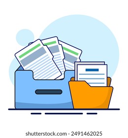 Concepto de almacenamiento de archivos, agregar archivos a la carpeta principal. Búsqueda y almacenamiento de información de datos en la base de datos. Archivar de documentos o archivos, almacenamiento de información. Concepto de ícono de archivo. gestión de documentos. Vector plano.