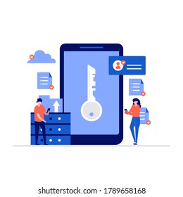 File storage concept with characters. Modern vector illustration in flat style for landing page, mobile app, poster, flyer, template, web banner, infographics, hero images.