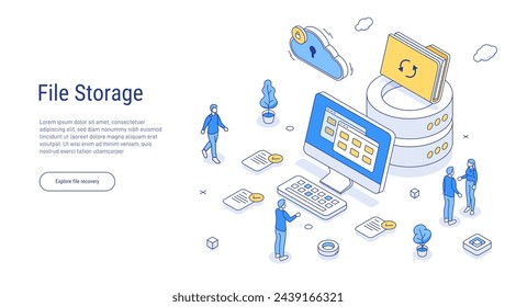 File storage concept. Conceptual template with man standing on laptop computer.Scene for electronic file organization service. For web banner, infographics, hero images. Flat isometric illustration