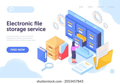 File storage concept. Girl works in archive. Analysis of statistics, information storage. Servers, cabinet full od documents, laptop. Cartoon flat vector illustration isolated on white background