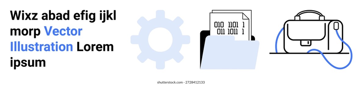 Almacenamiento de archivos, organización de la oficina, gestión del flujo de trabajo, trabajo en equipo, datos digitales, eficiencia del trabajo. Un engranaje, un archivo binario en una carpeta y un icono de bolsa en un diseño limpio. Almacenamiento de archivos y concepto de trabajo en equipo