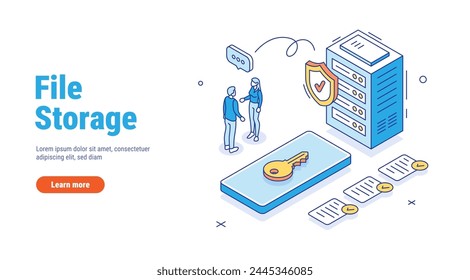 File storage outline isometric concept. Securely store data on a server or in the cloud. Synchronize data between devices. Remote access to files. Vector in line style isolated on white background.