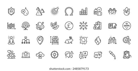 Almacenamiento de archivos, Dinero de libras y paquete de iconos de línea de pipeta de química. AI, Pregunta y respuesta, Iconos de pin de mapa. Atención, mejor portátil, icono de Web del paciente. Vector