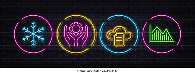 File storage, Snowflake and Employee hand minimal line icons. Neon laser 3d lights. Investment graph icons. For web, application, printing. Cloud computing, Snow, Work gear. Vector