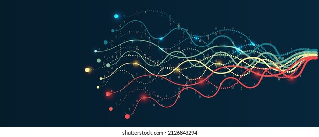File structuring, machine learning. Big data visualization. A dynamic array of information consisting of multi-colored lines and waves. Data sorting process. Big data stream futuristic infographics.