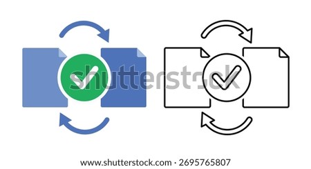 File sync done icon showing two small documents linked by arrows and a checkmark overlay. Great for cloud synchronization, data backup completion, and file transfer success indicators.