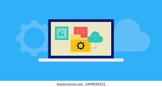 File synchronization with cloud server, File and document uploaded to secure cloud server, Cloud service technology - vector illustration with icons