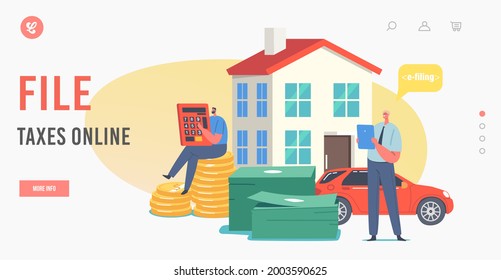 File Taxes Online Landing Page Template. Tiny Male Characters Making Online Tax Payment, Man with Huge Calculator, Dollar Coins, Real Estate and Car Count Budget Taxation. Cartoon Vector Illustration