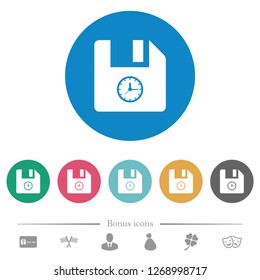 File time flat white icons on round color backgrounds. 6 bonus icons included.