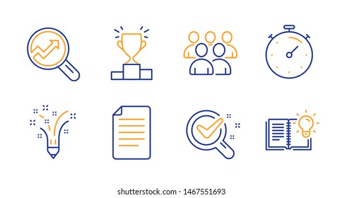 File, Timer and Group line icons set. Inspiration, Chemistry lab and Winner podium signs. Analytics, Product knowledge symbols. Paper page, Deadline management. Education set. Line file icon. Vector
