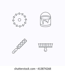 File tool, circular saw and brush tool icons. Bucket of paint linear sign. Flat linear icons on white background. Vector