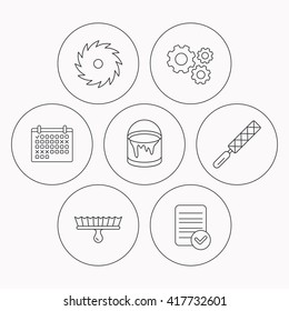 File tool, circular saw and brush tool icons. Bucket of paint linear sign. Check file, calendar and cogwheel icons. Vector