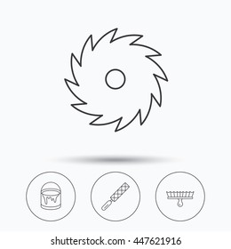 File tool, circular saw and brush tool icons. Bucket of paint linear sign. Linear icons in circle buttons. Flat web symbols. Vector
