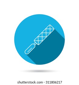 File tool icon. Carpenter equipment sign. Blue flat circle button with shadow. Vector