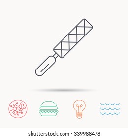File tool icon. Carpenter equipment sign. Global connect network, ocean wave and burger icons. Lightbulb lamp symbol.