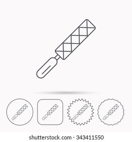 File tool icon. Carpenter equipment sign. Linear circle, square and star buttons with icons.