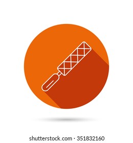 File tool icon. Carpenter equipment sign. Round orange web button with shadow.