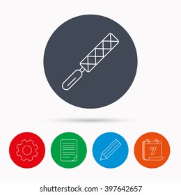 File tool icon. Carpenter equipment sign. Calendar, cogwheel, document file and pencil icons.