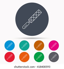 File tool icon. Carpenter equipment sign. Icons in colour circle buttons. Vector