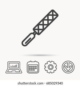 File tool icon. Carpenter equipment sign. Notebook, Calendar and Cogwheel signs. Download arrow web icon. Vector