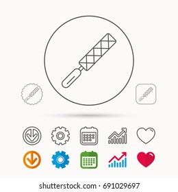 File tool icon. Carpenter equipment sign. Calendar, Graph chart and Cogwheel signs. Download and Heart love linear web icons. Vector