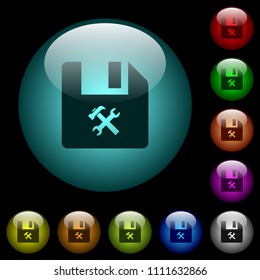 File tools icons in color illuminated spherical glass buttons on black background. Can be used to black or dark templates