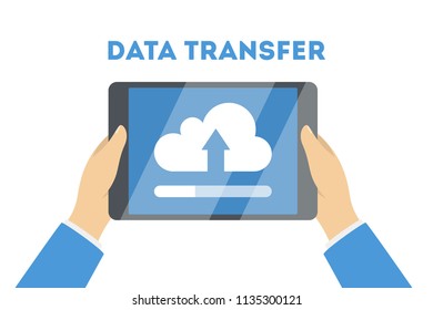 File transfer between the digital devices. Copy files, exchange data and document transfer through internet. Modern technology and cloud service concept. Isolated flat vector illustration