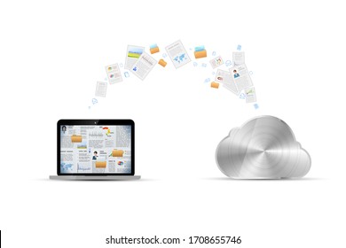 File transfer between laptop and cloud service, technology on white