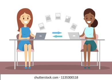 File transfer between laptop computers. Copy files, exchange data and document transfer through internet. Modern technology concept. Isolated flat vector illustration