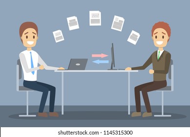 File transfer between laptop computers. Copy files, exchange data and document transfer through internet. Modern technology concept. Flat vector illustration