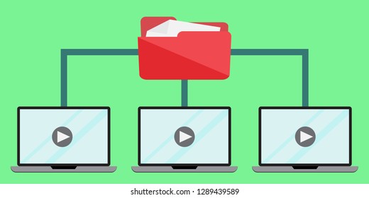 File transfer between laptop computers. Copy files, exchange data and document transfer through internet. Modern technology concept.