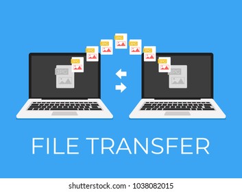 File transfer between laptop and laptop. Vector flat cartoon icon illustration