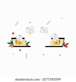 File Transfer Between Laptops In Flat Vector Illustration Symbolizing Digital Communication, Data Sharing, And Cloud Technology, Isolated On White Background