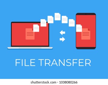 File transfer between phone and laptop. Vector flat cartoon icon illustration