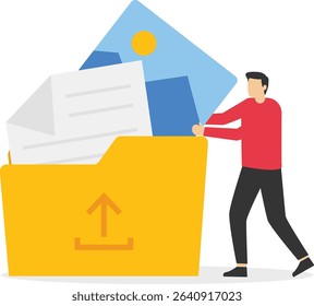 File transfer, businessman with folders, transferred documents to server, copy files, data exchange, backup, saving document in storage, digital data migration between devices stock illustration

