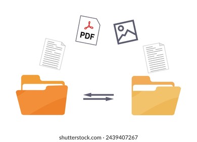 File transfer computer folder to folder. File sharing file exchange File copying and pasting upload and download concept. Transferring Document, Video, image and PDF Files, data backup Monitor Screen.