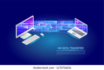 Dateiübertragung vom Computer auf den Laptop. Abstrakter virtueller digitaler Stream. Drahtlose Kommunikation Vektorillustration von Datenströmen