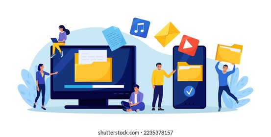 Transferencia de archivos. Ordenador, teléfono con carpetas en pantalla, documentos transferidos. Copiar archivos, intercambio de datos, copia de seguridad. Guardando el documento en el almacenamiento. Migración de datos digitales entre dispositivos Personas que comparten archivos