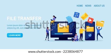 File Transfer. Computer, phone with folders on screen, transferred documents. Copy files, data exchange, backup. Saving document on storage. Digital data migration between devices People sharing files
