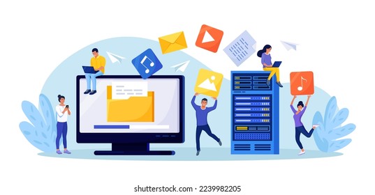 File Transfer. Computer screen with folders, transferred documents to server. Copy files, data exchange, backup. Saving document in storage. Digital data migration between devices People sharing files