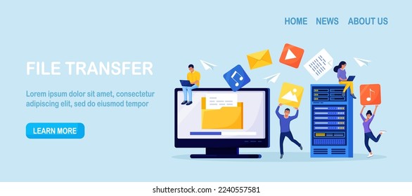 File Transfer. Computer screen with folders, transferred documents to server. Copy files, data exchange, backup. Saving document in storage. Digital data migration between devices People sharing files