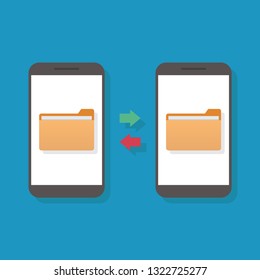 File transfer, computer, smart phone, flat design vector illustration
