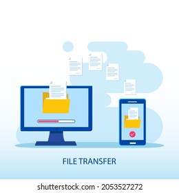file transfer concept, backup data, technology cloud, upload and download, Flat vector template Style Suitable for Web Landing Page